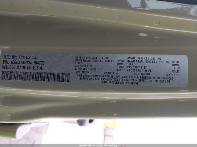 Продаж на аукціоні авто 2022 Jeep Gladiator Altitude 4x4, vin: 1C6HJTAGXNL164723, номер лоту: 44737836