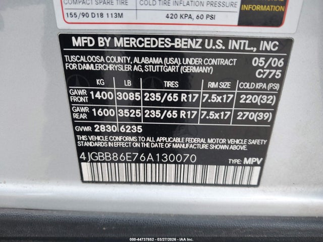 2006 Mercedes-benz Ml 350 4matic მანქანა იყიდება აუქციონზე, vin: 4JGBB86E76A130070, აუქციონის ნომერი: 44737852