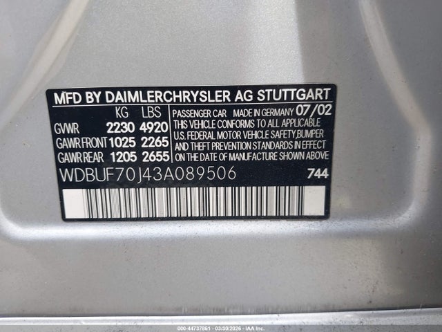 Aukcja sprzedaży 2003 Mercedes-benz E 500, vin: WDBUF70J43A089506, numer aukcji: 44737861