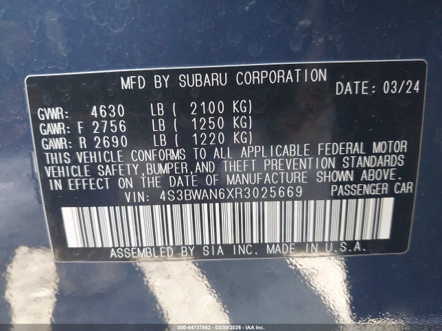 2024 Subaru Legacy Limited მანქანა იყიდება აუქციონზე, vin: 4S3BWAN6XR3025669, აუქციონის ნომერი: 44737862