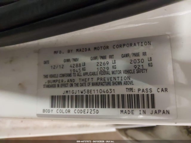 Aukcja sprzedaży 2014 Mazda Mazda6 I Grand Touring, vin: JM1GJ1W58E1104631, numer aukcji: 44737872