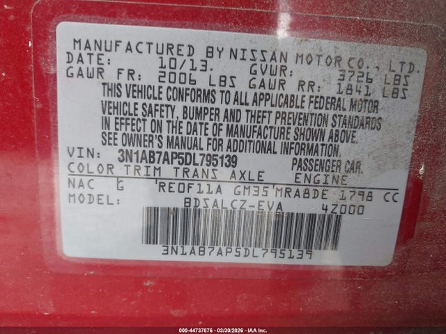 Продаж на аукціоні авто 2013 Nissan Sentra S, vin: 3N1AB7AP5DL795139, номер лоту: 44737876