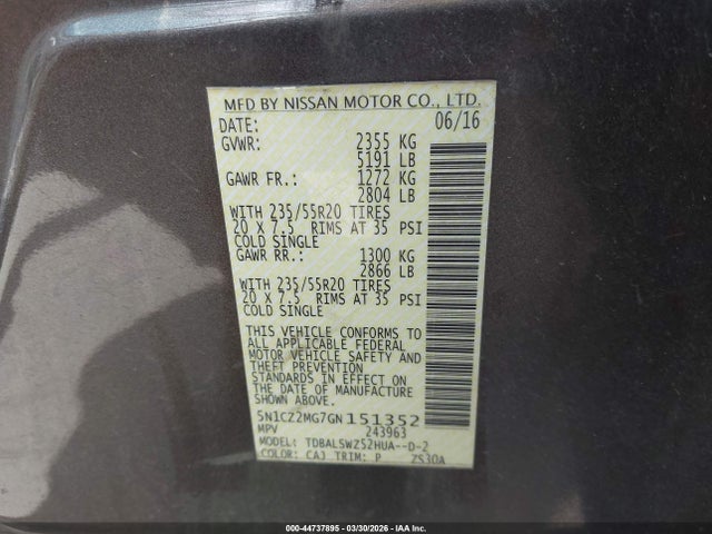 Aukcja sprzedaży 2016 Nissan Murano Hybrid Platinum/sl, vin: 5N1CZ2MG7GN151352, numer aukcji: 44737895