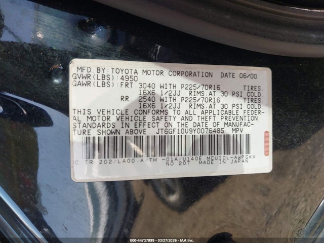 Aukcja sprzedaży 2000 Lexus Rx 300, vin: JT6GF10U9Y0076485, numer aukcji: 44737899