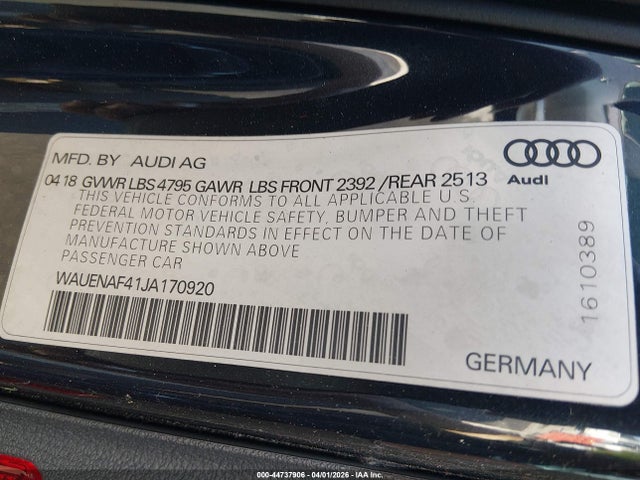 Aukcja sprzedaży 2018 Audi A4 2.0t Premium/2.0t Tech Premium, vin: WAUENAF41JA170920, numer aukcji: 44737906