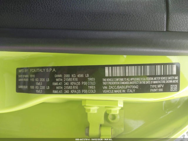 44737914 :رقم المزاد ، ZACCJBAB6JPH70642 vin ، 2018 Jeep Renegade Sport 4x4 مزاد بيع