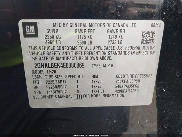 Aukcja sprzedaży 2014 Chevrolet Equinox 1lt, vin: 2GNALBEK4E6380869, numer aukcji: 44737925