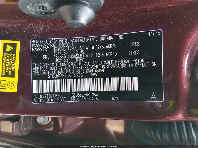 Toyota Highlander Xle V6 2016 5TDJKRFH7GS233736 Image 9