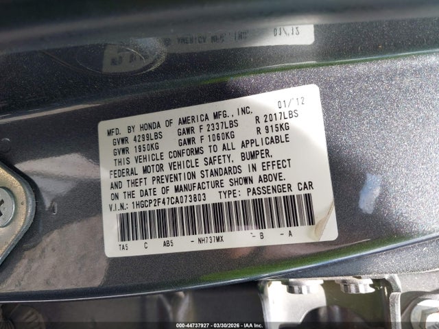 2012 Honda Accord 2.4 Lx-p მანქანა იყიდება აუქციონზე, vin: 1HGCP2F47CA073803, აუქციონის ნომერი: 44737927