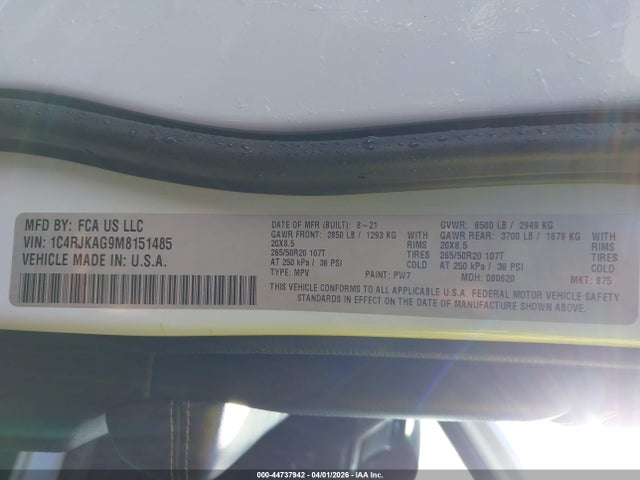 44737942 :رقم المزاد ، 1C4RJKAG9M8151485 vin ، 2021 Jeep Grand Cherokee L Altitude 4x4 مزاد بيع