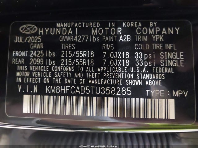 Aukcja sprzedaży 2026 Hyundai Kona Sel Sport, vin: KM8HFCAB5TU358285, numer aukcji: 44737946