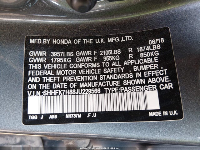 SHHFK7H88JU229566 Honda Civic Ex-l