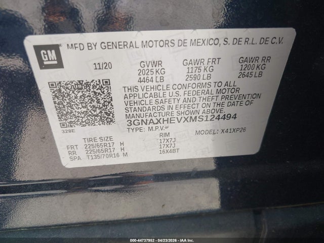 Aukcja sprzedaży 2021 Chevrolet Equinox Fwd Ls, vin: 3GNAXHEVXMS124494, numer aukcji: 44737952