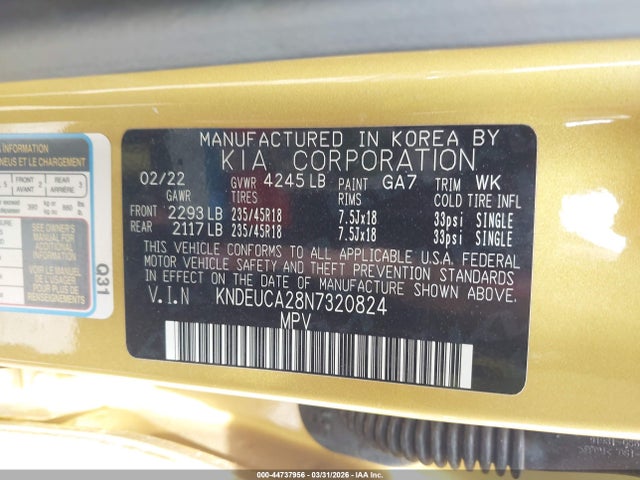 Продажа на аукционе авто 2022 Kia Seltos Nightfall Edition, vin: KNDEUCA28N7320824, номер лота: 44737956