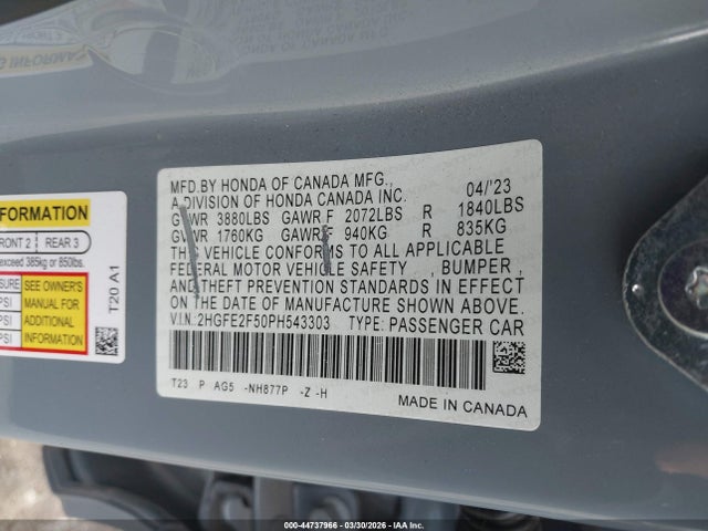 Продажа на аукционе авто 2023 Honda Civic Sport, vin: 2HGFE2F50PH543303, номер лота: 44737966