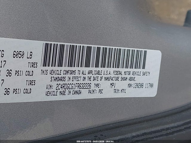 Aukcja sprzedaży 2015 Dodge Grand Caravan Sxt, vin: 2C4RDGCG1FR632226, numer aukcji: 44737970