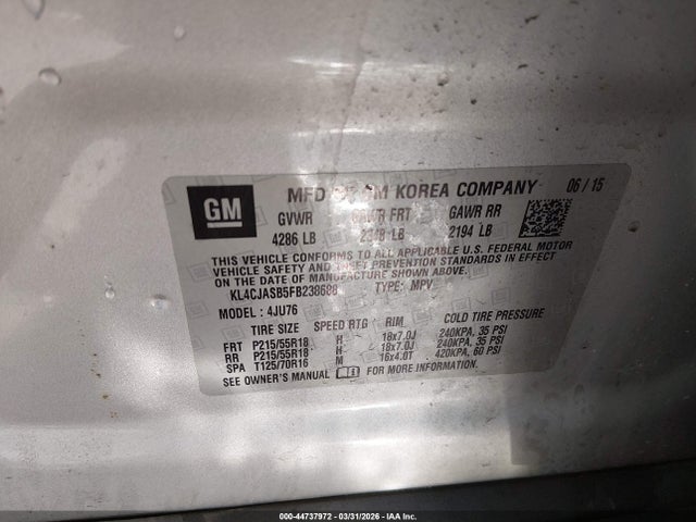 44737972 :رقم المزاد ، KL4CJASB5FB238688 vin ، 2015 Buick Encore مزاد بيع