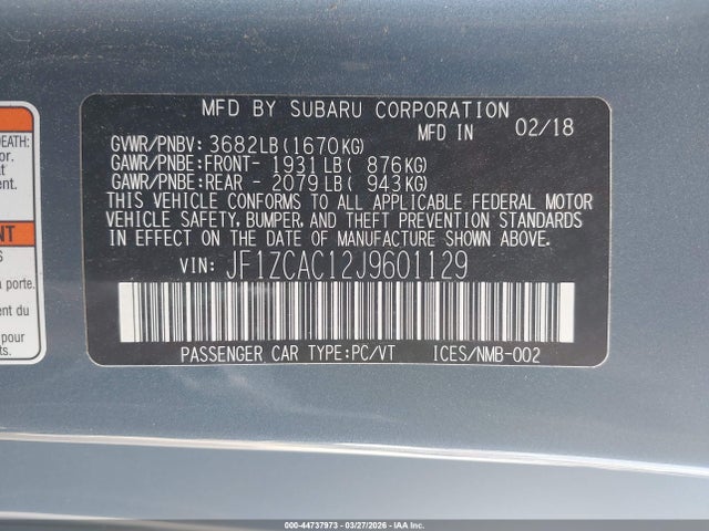 2018 Subaru Brz Limited მანქანა იყიდება აუქციონზე, vin: JF1ZCAC12J9601129, აუქციონის ნომერი: 44737973