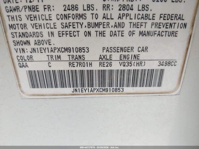 44737978 :رقم المزاد ، JN1EY1APXCM910853 vin ، 2012 Infiniti M35h مزاد بيع