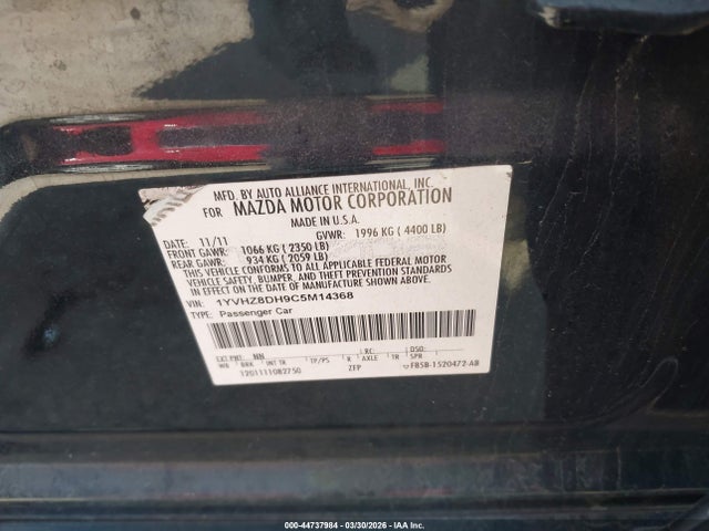 44737984 :رقم المزاد ، 1YVHZ8DH9C5M14368 vin ، 2012 Mazda Mazda6 I Touring مزاد بيع