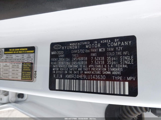 Продаж на аукціоні авто 2020 Hyundai Palisade Sel, vin: KM8R24HE9LU143630, номер лоту: 44737986