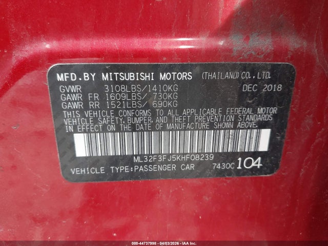 44737998 :رقم المزاد ، ML32F3FJ5KHF08239 vin ، 2019 Mitsubishi Mirage G4 Es مزاد بيع