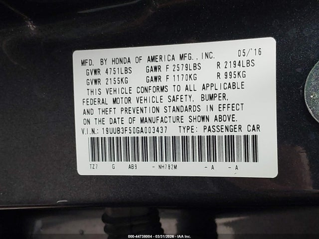 2016 Acura Tlx V6 Tech მანქანა იყიდება აუქციონზე, vin: 19UUB3F50GA003437, აუქციონის ნომერი: 44738004