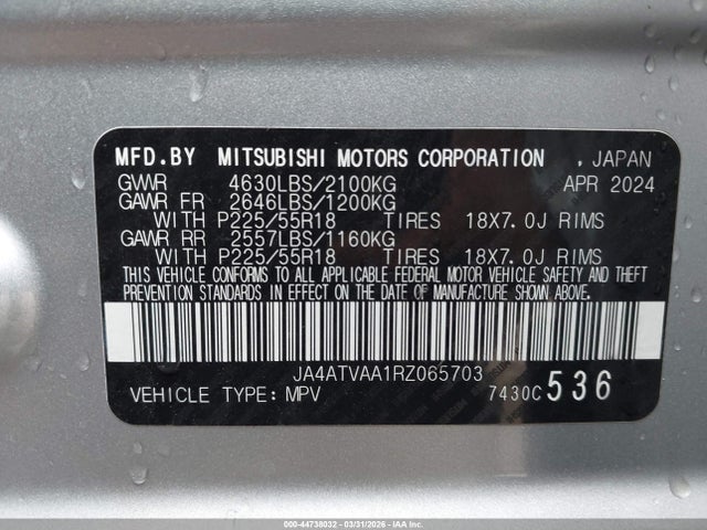 44738032 :رقم المزاد ، JA4ATVAA1RZ065703 vin ، 2024 Mitsubishi Eclipse Cross Le S-awc مزاد بيع