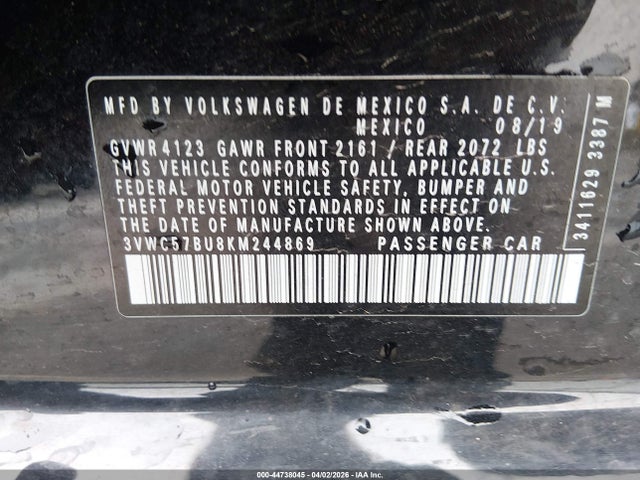 44738045 :رقم المزاد ، 3VWC57BU8KM244869 vin ، 2019 Volkswagen Jetta 1.4t R-line/1.4t S/1.4t Se مزاد بيع