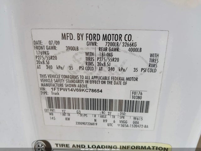 44738072 :رقم المزاد ، 1FTPW14V69KC78654 vin ، 2009 Ford F-150 Fx4/king Ranch/lariat/platinum/xl/xlt مزاد بيع