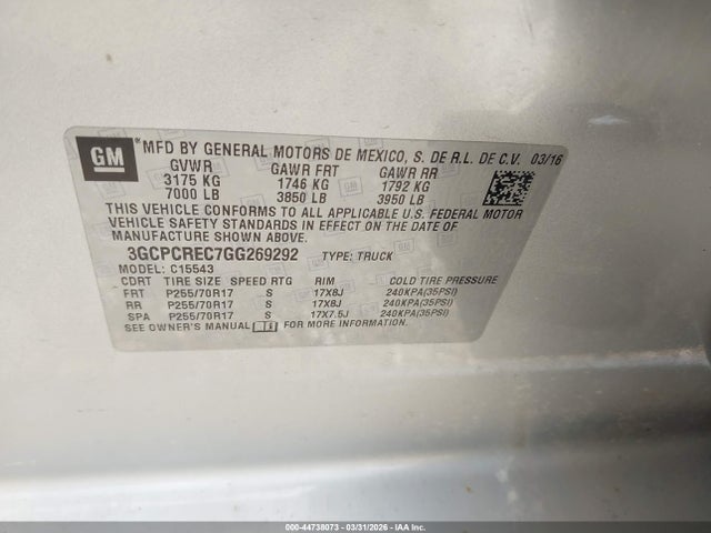 Aukcja sprzedaży 2016 Chevrolet Silverado 1500 1lt, vin: 3GCPCREC7GG269292, numer aukcji: 44738073