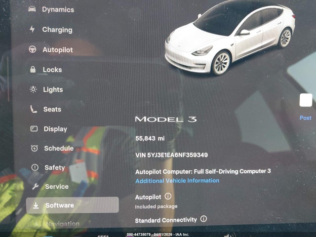 44738079 :رقم المزاد ، 5YJ3E1EA6NF359349 vin ، 2022 Tesla Model 3 Rear-wheel Drive مزاد بيع