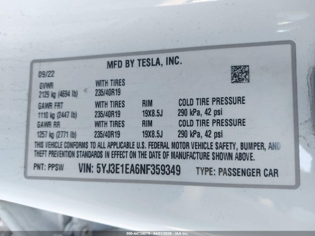 44738079 :رقم المزاد ، 5YJ3E1EA6NF359349 vin ، 2022 Tesla Model 3 Rear-wheel Drive مزاد بيع