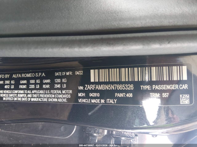 ZARFAMBN5N7665326 Alfa Romeo Giulia Veloce Ti Rwd