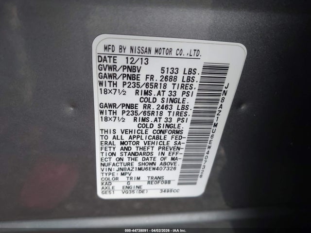 JN8AZ1MU6EW407326 Nissan MURANO SL