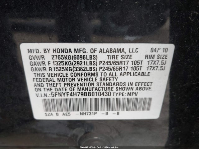 Продаж на аукціоні авто 2011 Honda Pilot Ex-l, vin: 5FNYF4H79BB010430, номер лоту: 44738098