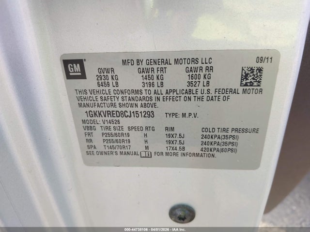 Aukcja sprzedaży 2012 Gmc Acadia Slt-1, vin: 1GKKVRED8CJ151293, numer aukcji: 44738106