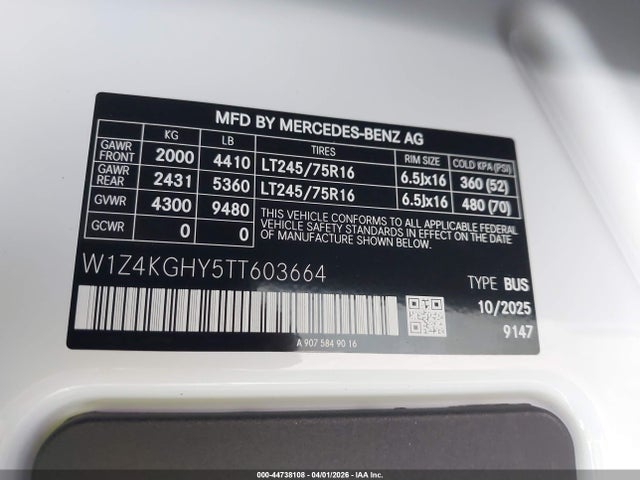 Продажа на аукционе авто 2026 Mercedes-benz Sprinter 2500 High Roof 4-cyl Diesel, vin: W1Z4KGHY5TT603664, номер лота: 44738108