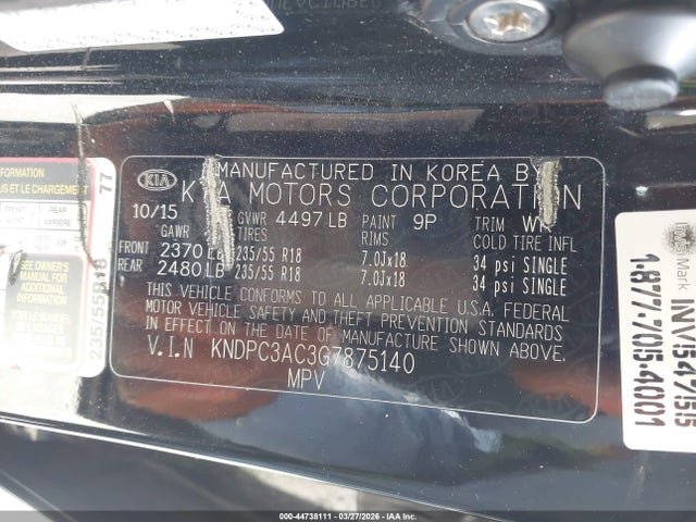 44738111 :رقم المزاد ، KNDPC3AC3G7875140 vin ، 2016 Kia Sportage Ex مزاد بيع