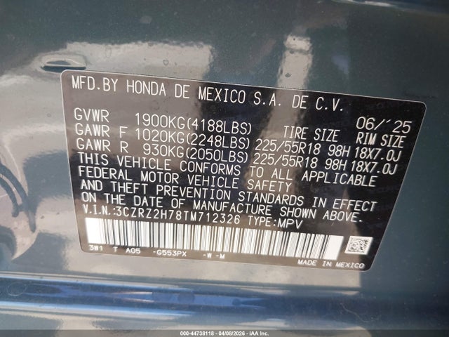 3CZRZ2H78TM712326 Honda Hr-v Awd Ex-l