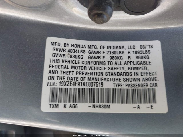 Aukcja sprzedaży 2019 Honda Insight Touring, vin: 19XZE4F91KE007619, numer aukcji: 44738120