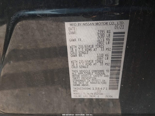 Продаж на аукціоні авто 2021 Nissan Murano S Intelligent Awd, vin: 5N1AZ2AS6MC138471, номер лоту: 44738122