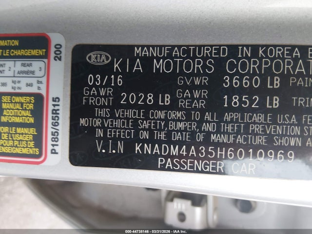 44738146 :رقم المزاد ، KNADM4A35H6010969 vin ، 2017 Kia Rio Lx مزاد بيع