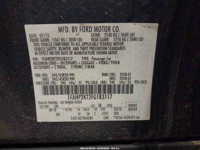 Продаж на аукціоні авто 2015 Ford Taurus Sho, vin: 1FAHP2KT2FG183117, номер лоту: 44738164
