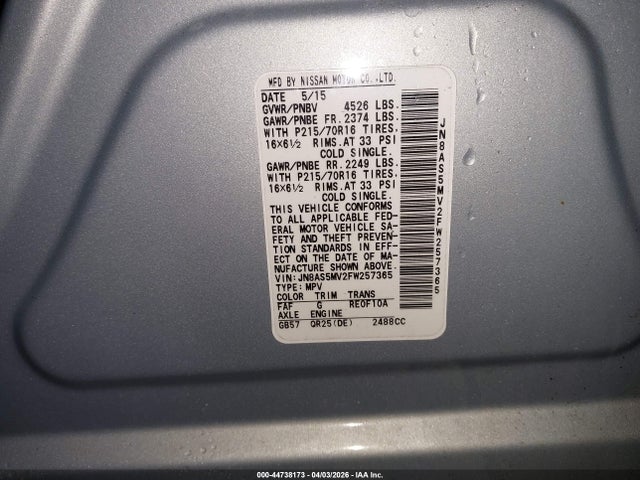 44738173 :رقم المزاد ، JN8AS5MV2FW257365 vin ، 2015 Nissan Rogue Select S مزاد بيع