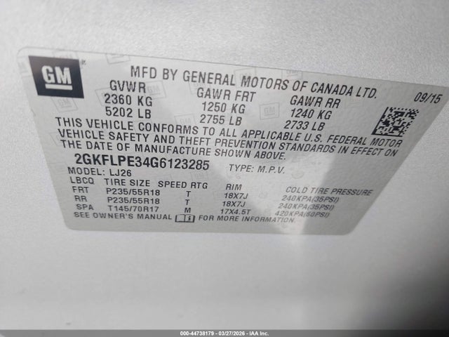 44738179 :رقم المزاد ، 2GKFLPE34G6123285 vin ، 2016 Gmc Terrain Slt مزاد بيع