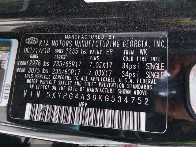 44738193 :رقم المزاد ، 5XYPG4A39KG534752 vin ، 2019 Kia Sorento 2.4l L مزاد بيع