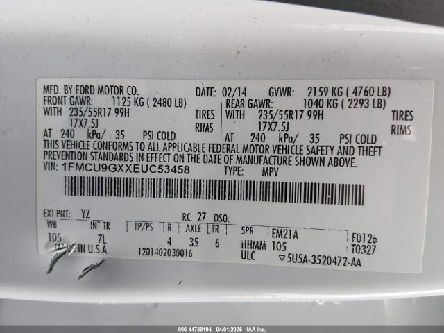Aukcja sprzedaży 2014 Ford Escape Se, vin: 1FMCU9GXXEUC53458, numer aukcji: 44738194