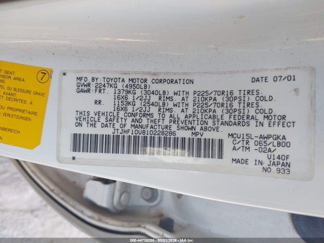 44738205 :رقم المزاد ، JTJHF10U810228286 vin ، 2001 Lexus Rx 300 مزاد بيع