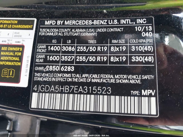 44738209 :رقم المزاد ، 4JGDA5HB7EA315523 vin ، 2014 Mercedes-benz Ml 350 4matic مزاد بيع